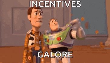 woody and buzz lightyear from toy story are standing next to each other and talking about incentives and galore .