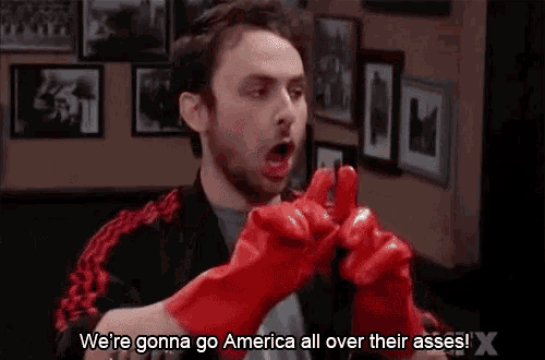 a man wearing red rubber gloves says we 're gonna go america all over their asses