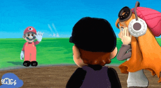 a cartoon of mario and smg4 with a girl covering her face