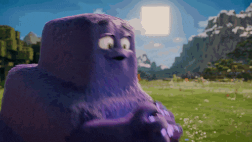 a purple cartoon character is standing in a field