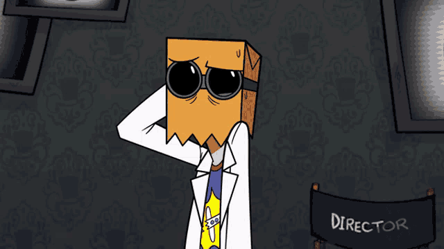 a cartoon character with a paper bag on his head stands next to a director chair