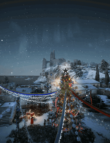 a christmas tree with a star on top is surrounded by snow