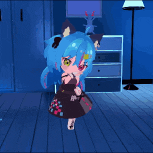 a girl with blue hair and a black dress is standing in a room