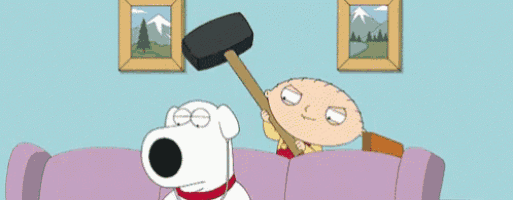 a cartoon of a man holding a hammer and a dog sitting on a couch