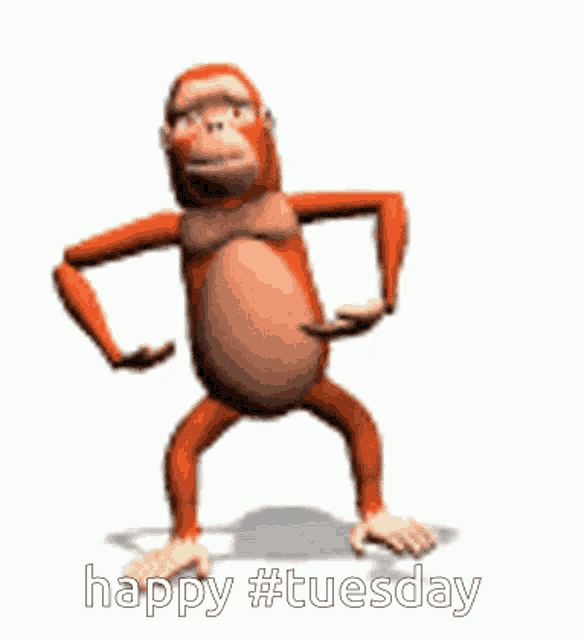 a monkey is dancing with the words happy #tuesday written below it