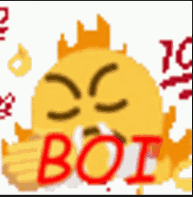 a pixel art illustration of a yellow smiley face with the word boi written in red .