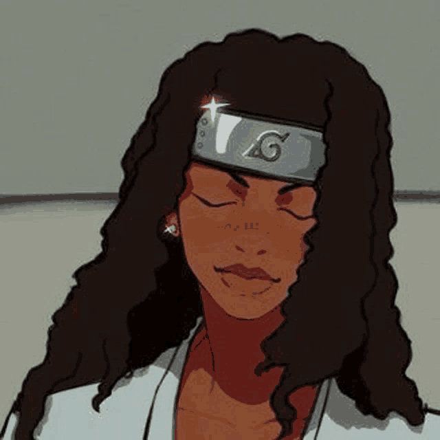 a cartoon of a woman with long curly hair wearing a headband with the letter l on it .