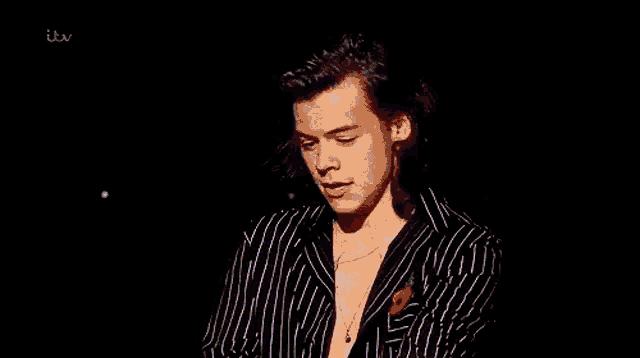 harry styles is wearing a black and white striped jacket and a red poppy in his pocket .