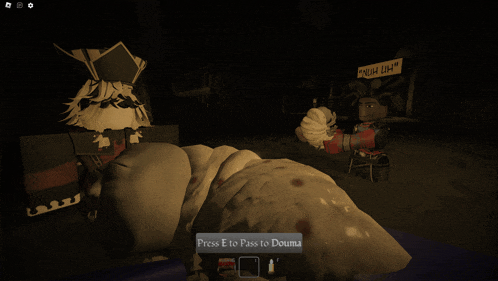 a screenshot of a video game that says press e to pass to douma on the bottom