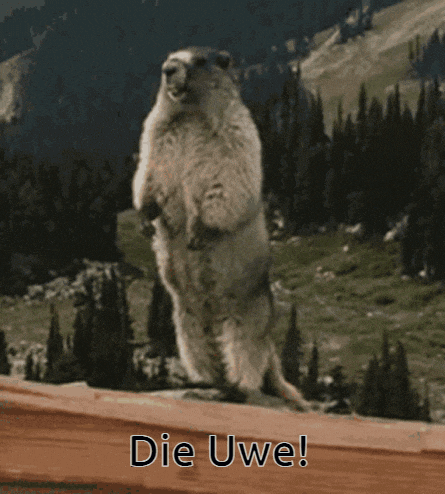 a ground squirrel standing on its hind legs with the words die uwe written below it