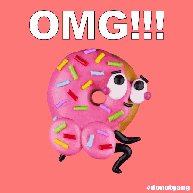 a pink donut with sprinkles and the words omg
