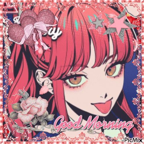 a picture of a girl with red hair and the words good morning on it