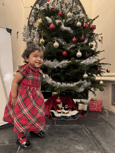 a little girl in a red plaid dress stands in front of a decorated christmas tree