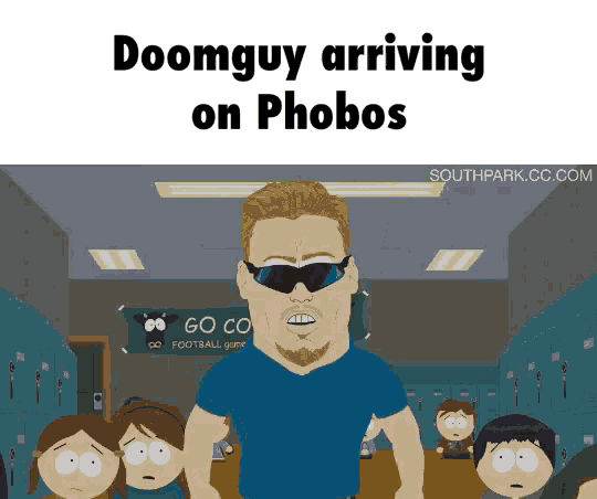 a cartoon of a man wearing sunglasses with the words doomguy arriving on phobos
