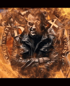 a man in a leather jacket stands in front of a sign that says allians drax on it