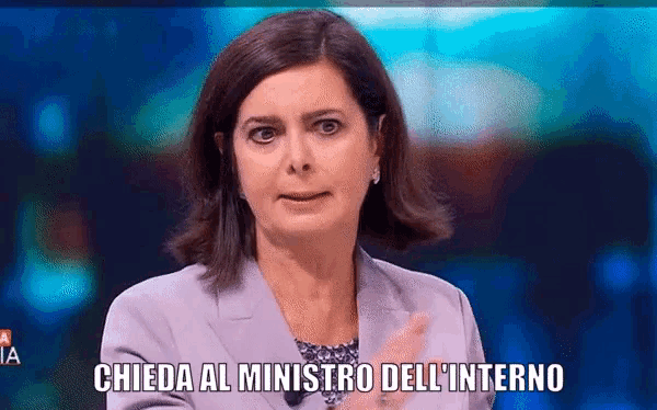 a woman in a purple jacket says " chieda al ministro dell'interno "