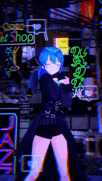 a girl with blue hair is standing in front of a neon sign that says open pet shop
