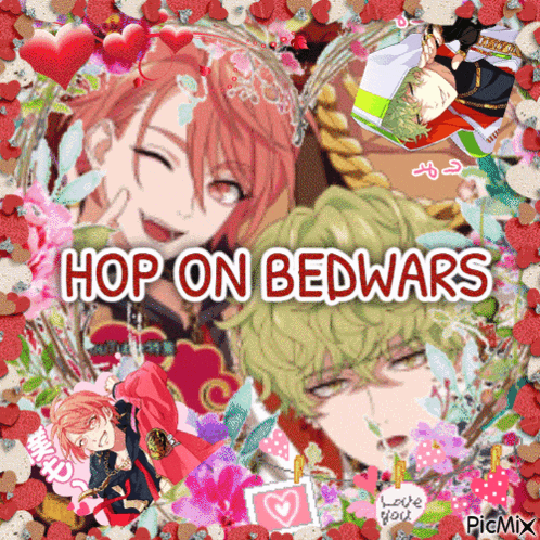 a collage of anime characters with the words hop on bedwars at the top
