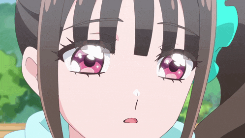 a close up of a girl 's face with a ponytail and pink eyes