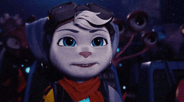 a cartoon character wearing goggles and a scarf smiles