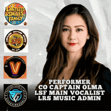 a woman stands in front of logos for limitless smiles family and lsf main vocalist