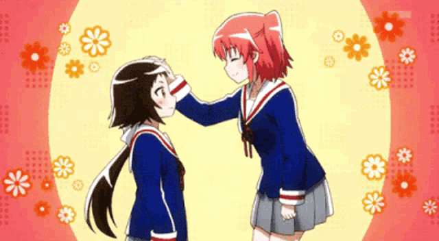 two anime girls are touching each other 's foreheads and flowers are in the background