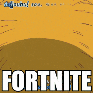 the word fortnite is on a yellow background with a cartoon character in the background
