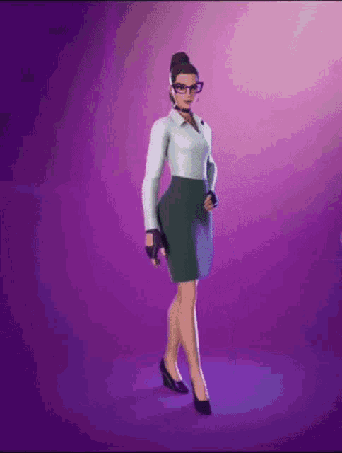 a cartoon woman is standing in front of a purple background wearing glasses and a skirt .