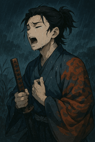 a man is crying while holding a sword in the rain