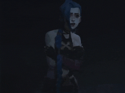 a woman with long blue hair is standing in the dark .