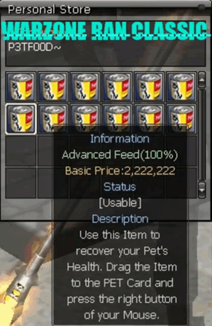 a screenshot of a personal store for warzone ran classic p3tfood