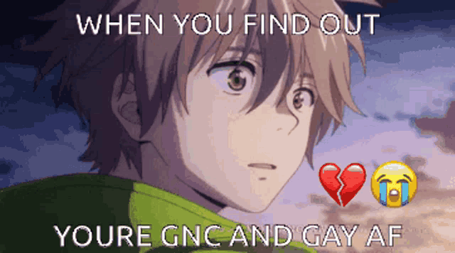 when you find out youre gnc and gay af written on a picture of a boy