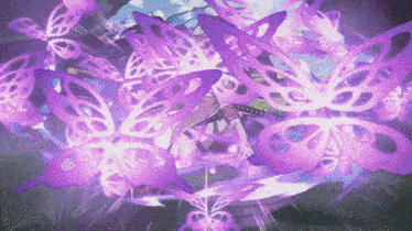 a woman is surrounded by purple butterflies in a video game