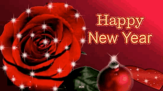 a happy new year card with a red rose and a christmas ornament