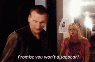 a man and a woman are standing next to each other and the man says promise you won 't disappear