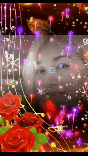 a woman is surrounded by red roses and purple lights