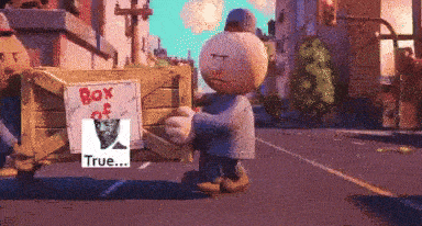 a cartoon character is carrying a box that says box of true on it