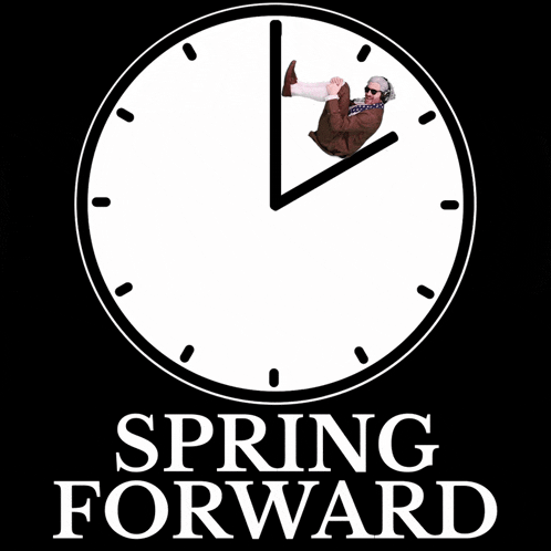 a clock with the words " spring forward " below it