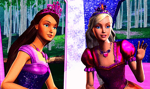 two barbie dolls are standing next to each other and one is wearing a tiara