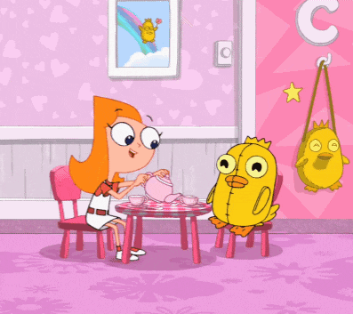 a cartoon of a girl sitting at a table with a duck