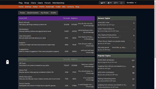 a screenshot of a website with a list of topics and threads