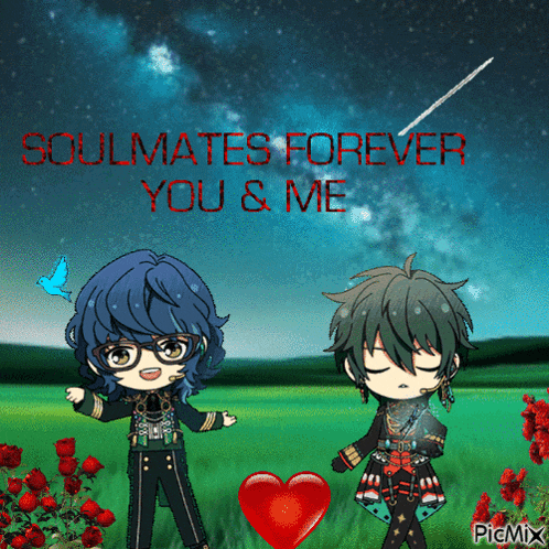 a couple of anime characters with the words soulmates forever you & me