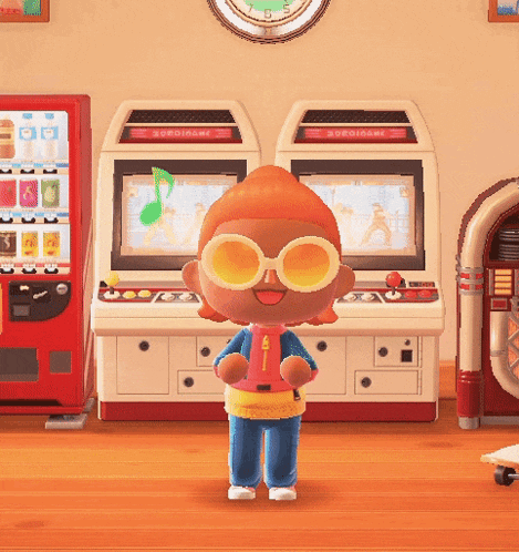 a cartoon character wearing sunglasses stands in front of a jukebox and a vending machine that says ' arcade '