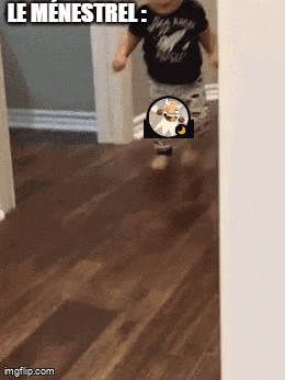 a baby is running in a hallway with a caption that says le mienetrel