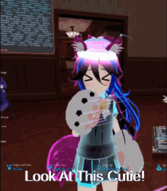 a video game character says look at this cutie while holding a soccer ball