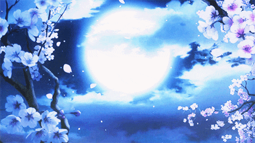 a full moon is visible through the branches of a tree with flowers