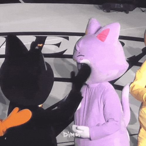 a black cat and a purple cat are standing next to each other