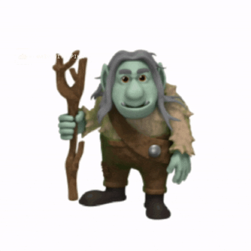 a cartoon troll is holding a wooden stick and has the word pi on the bottom right