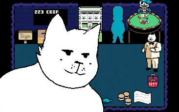 a white cat is standing in front of a sign that says " sign "