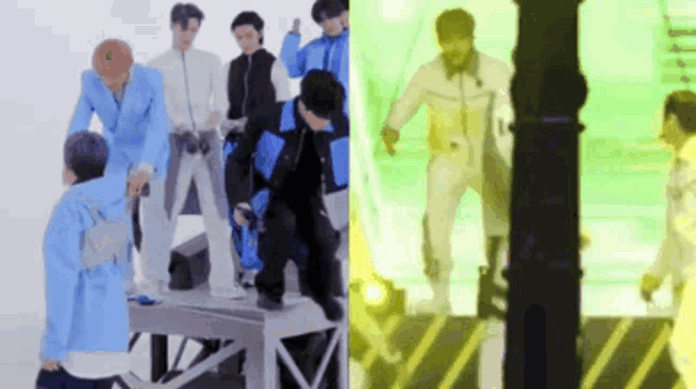 a group of people are standing on a stage and one of them has a backpack on his back .